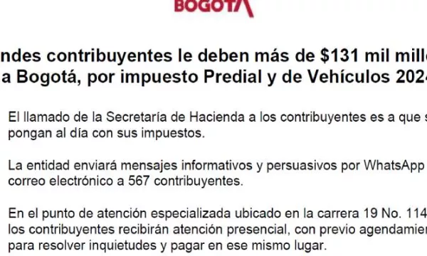 Grandes contribuyentes deben a Bogotá más de $ 131 mil millones por predial y vehículos (SHD)